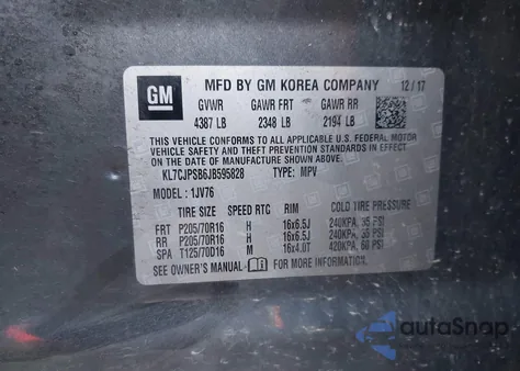 2018 Chevrolet Trax Lt z USA, uszkodzony, nr VIN KL7CJPSB6JB595828